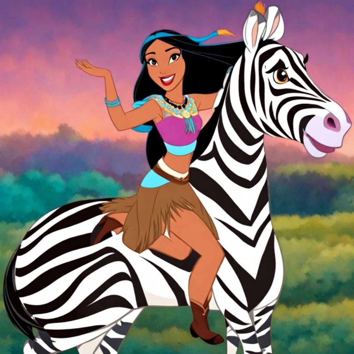 Pocahontas riding a Zebra  DreamDisPix style <lora:SDXL-DreamDisPix-Lora-r32:0.8>